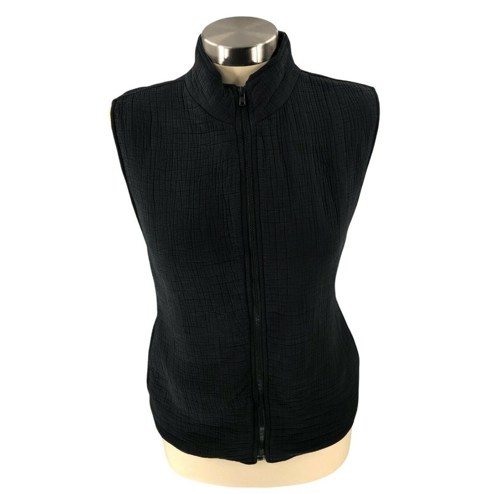 Chicos Women Vest Jacket 1 Medium Black Full Zip Lined Sleeveless Mock Neck Silk